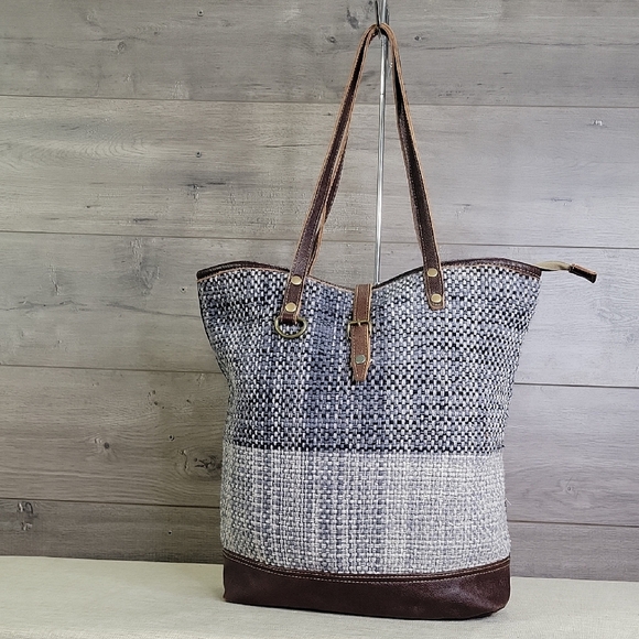 Myra Bag Canvas Tapestry Leather Tote Shoulder Bag - Picture 1 of 12